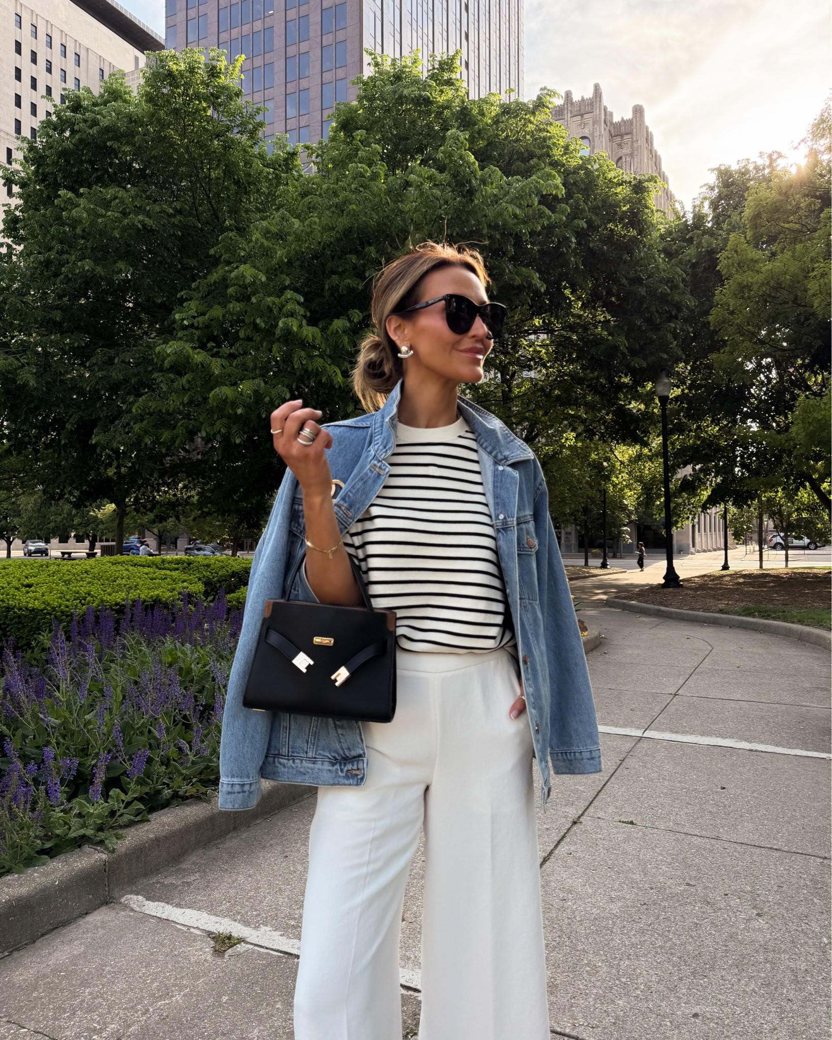 Euro summer outfit idea: same pants different tops! Never underestimate the power of a stripped tee, j love this boxy one paired with the oversized denim jacket! Size xs on tee and small jacket

#LTKootd #LTKSeasonal #LTKOver40