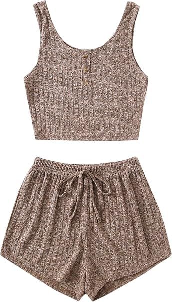 SOLY HUX Women's Button Front Ribbed Knit Tank Top and Shorts Pajama Set Sleepwear | Amazon (US)