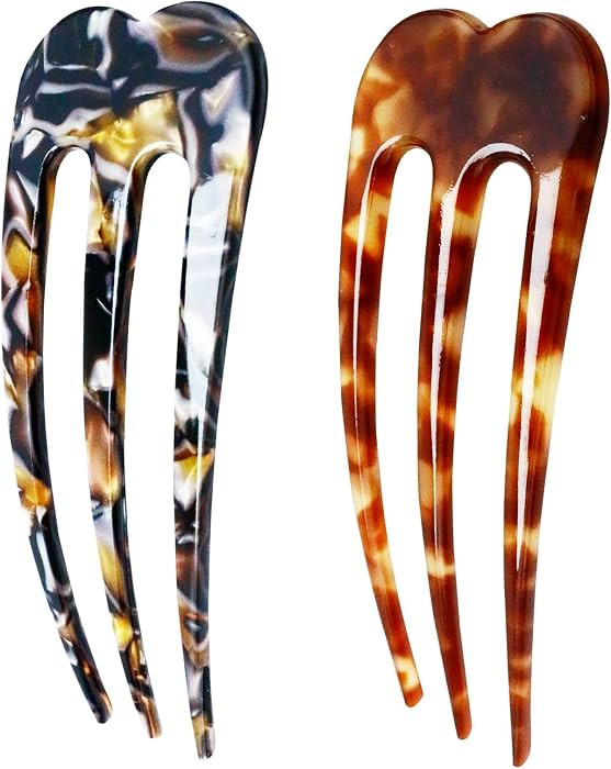 2Pcs 3-Prong U Shaped Hair Forks, Large French Hair Pins for Thick Hair, Vintage Style Hair Acces... | Amazon (US)