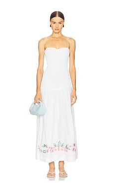 SWF Shirred Embroidered Drop Hem Maxi Dress in Antique White from Revolve.com | Revolve Clothing (Global)