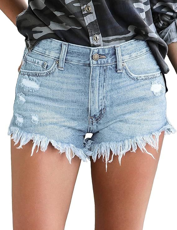 LookbookStore Women's Mid Rise Frayed Ripped Raw Hem Denim Jean Shorts | Amazon (US)