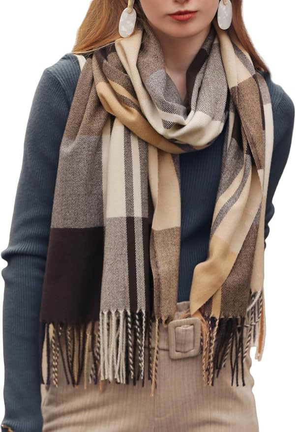 Women's Fashion Scarves Long Cashmere Like Shawl Winter Warm Knit Large Tassel Plaid Scarf | Amazon (US)