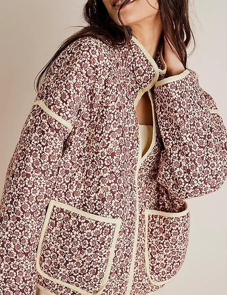 Omoone Women's Cropped Floral Quilted Jacket Cardigan Printed Lightweight Open Front Padded Puffer C | Amazon (US)