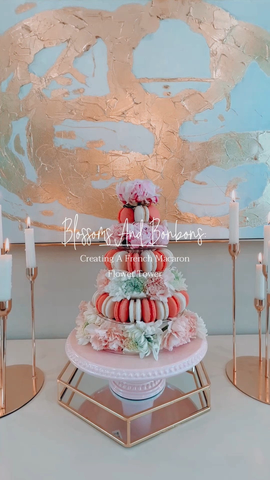 I've just crafted something delightfully whimsical yet sophisticated - a French macarons flower tower. It's surprisingly simple to create yet so visually captivating that you're almost obligated to immortalize it in a vibrant Instagram post!
The foundation? A rather chic, plastic macaron tower I happened upon. To secure the flowers, I carefully nestled chicken wire into every other tier. 
Now, the pièce de résistance - the floral adornment. A tasteful medley of pristine white and blush pink mums, interspersed with one of my personal floral favorites - peonies. It’s a display so visually pleasing, it can give any top-tier patisserie a run for its money.
Of course, a macaron tower would be incomplete without the actual macarons, wouldn't it? I've chosen a divine selection of vanilla and strawberry macarons that not only look delightful but are a sweet joy to the palate (I’ll share a link, you absolutely must try them!). They arrive nestled in a cool pack, ensuring their delectable freshness for an impressively long time.
Just to add the proverbial cherry on top, I've scattered more macarons for good measure and crowned the spectacle with a grand peony. The result? An awe-inspiring centerpiece for your next gathering with the girls, and one that harmonizes perfectly with a glass of champagne rosé. Elegant, fun, and altogether marvelous, I daresay!