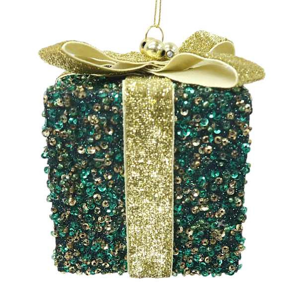Providence Green Sequin Gift Box Ornament, 3.5" | At Home