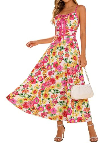 GRACE KARIN 2026 Women's Summer Maxi Floral Dress, Spaghetti Strap Tie Front Boho Sundress with Pockets, Pink Yellow L | Amazon (US)