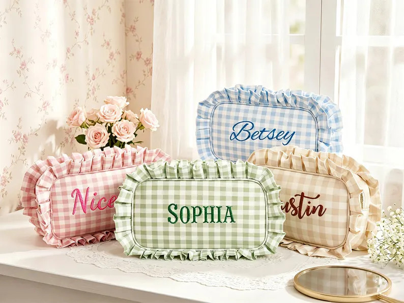 Personalized Gingham Ruffle Makeup Bag, Custom Embroidered Cosmetic Pouch, Bridesmaid Gift - Etsy | Etsy (Global)
