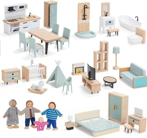 36pcs Wooden Dollhouse Furniture Set 5 Rooms with 4 Family Dolls, Wood and Plastic Blue Dollhouse Accessories, Pretend Play Furniture Toys Christmas Birthday Gift for Boys Girls & Kids Toddlers 3Y+ | Amazon (US)