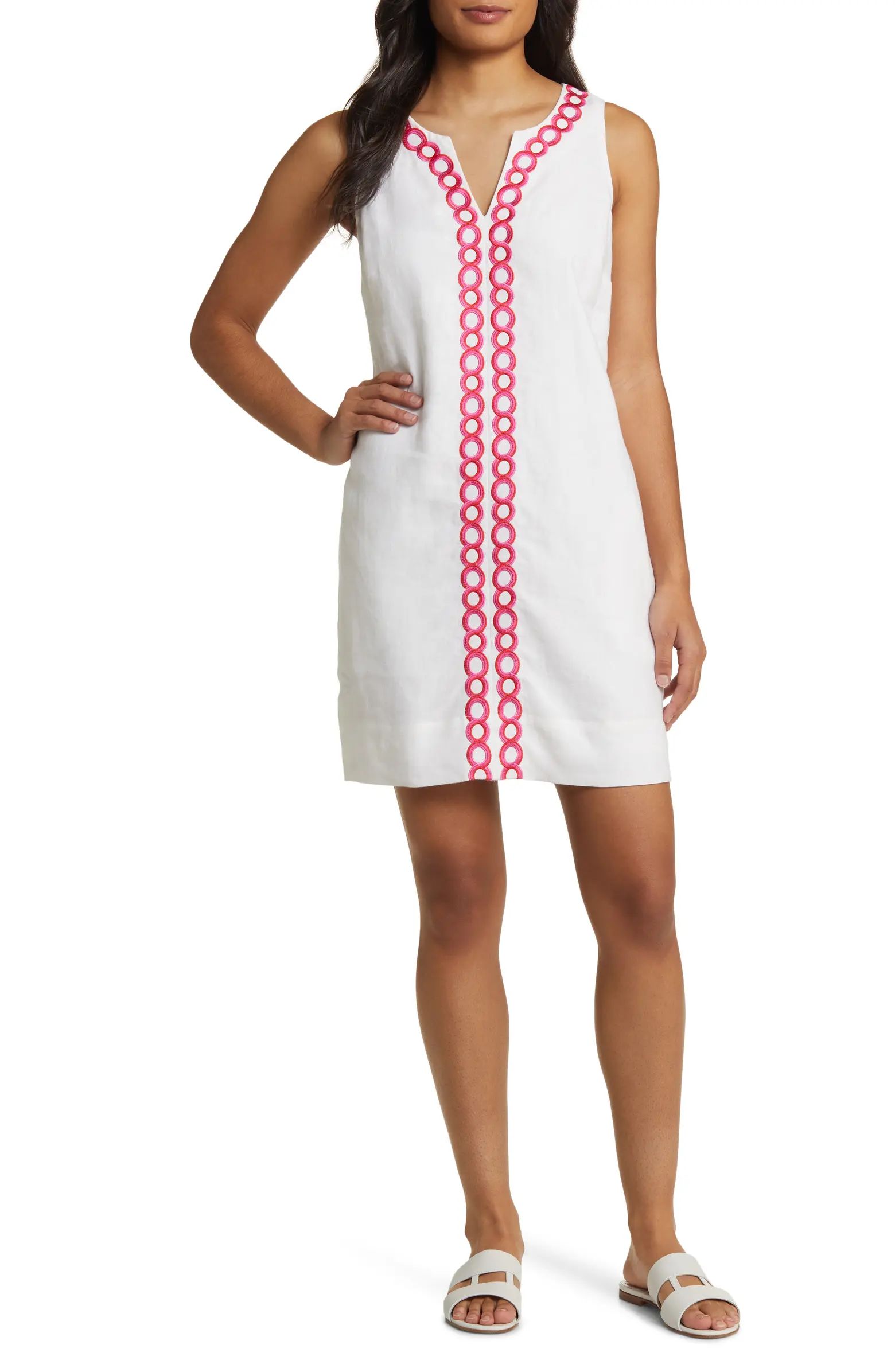 Geo Embroidered Linen Shift Dress | Nordstrom