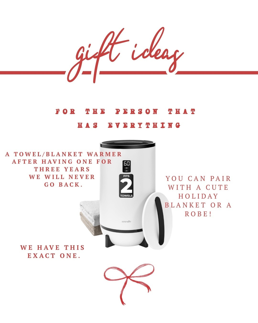Gift Idea for someone that has everything! 
A towel/blanket warmer! Add a cute blanket or a cozy robe and it’s the perfect gift! 



#LTKGiftGuide #LTKHoliday #LTKSeasonal