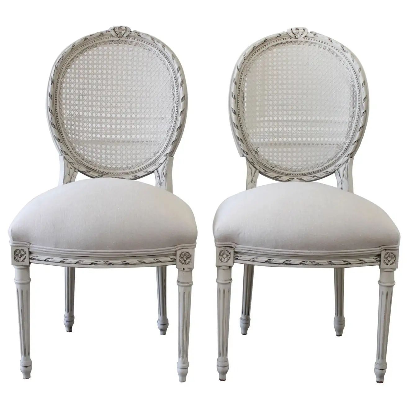 Pair of Louis XVI Style Ribbon Carved Cane Back Side Chairs | 1stDibs