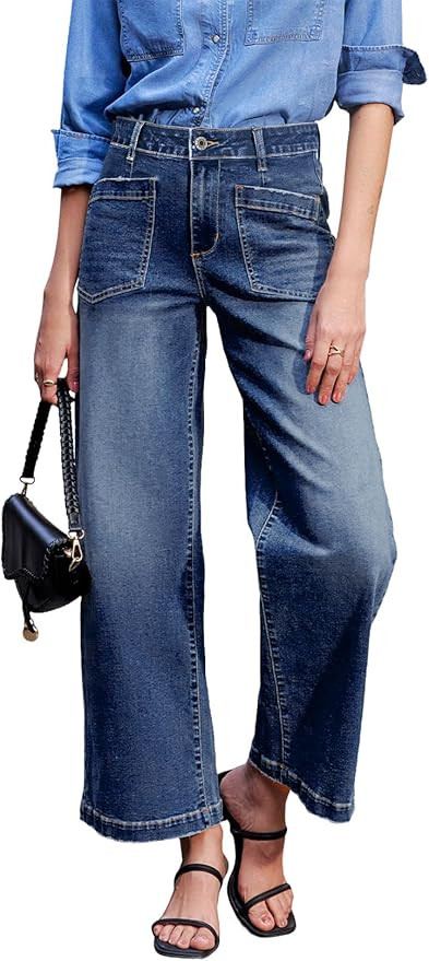 Sidefeel Women's Wide Leg Jeans High Waisted Stretchy Jeans Straight Leg Loose Fit Zimbaplatinum ... | Amazon (US)