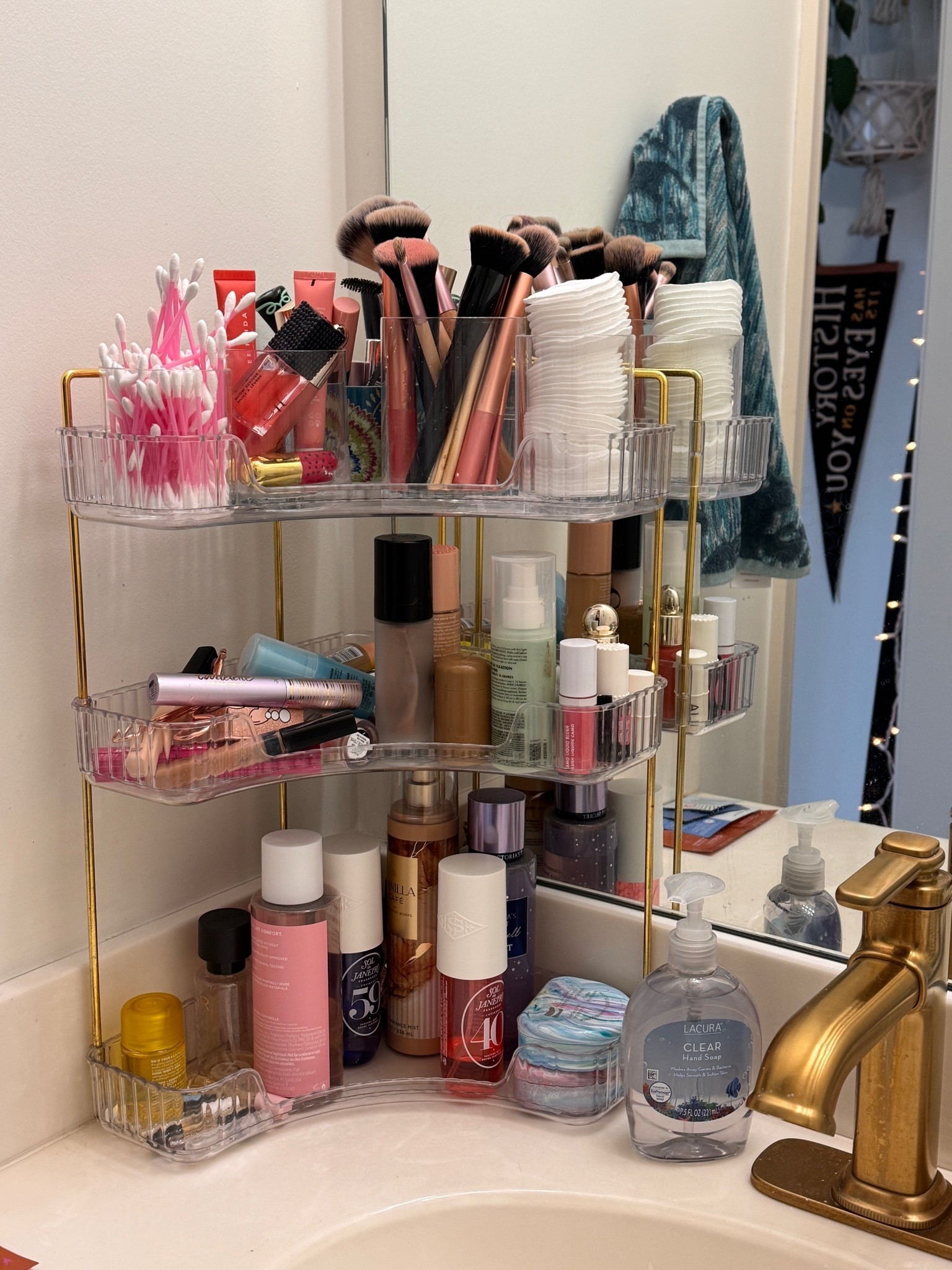 Corner storage for a small bathroom countertop

#LTKdayinmylife #LTKmorningroutine #LTKHome
