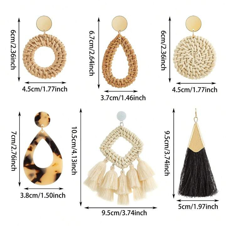 Yanxyad 6 Pairs Lightweight Summer Rattan Earrings For Women,  Straw Earrings Fashion Geometric S... | SHEIN
