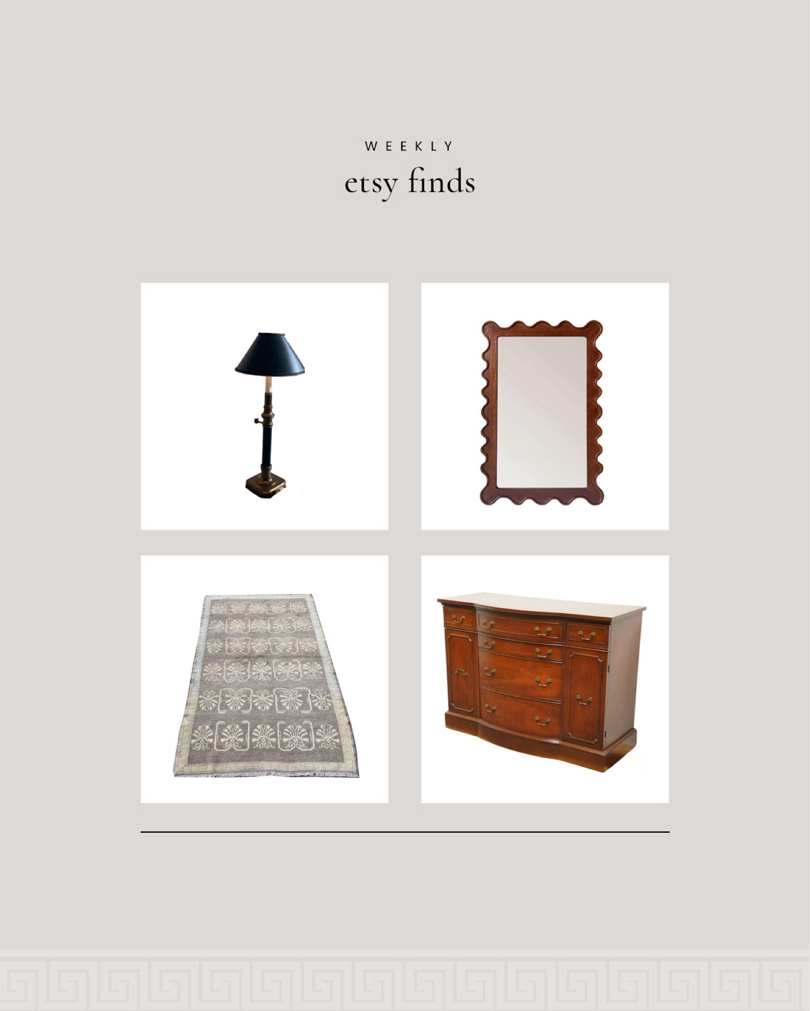 Weekly Etsy Finds : Vintage Candlestick Lamp, Scalloped Edge Mirror, Vintage Turkish Rug, Vintage Mahogany Buffet 

#LTKHome