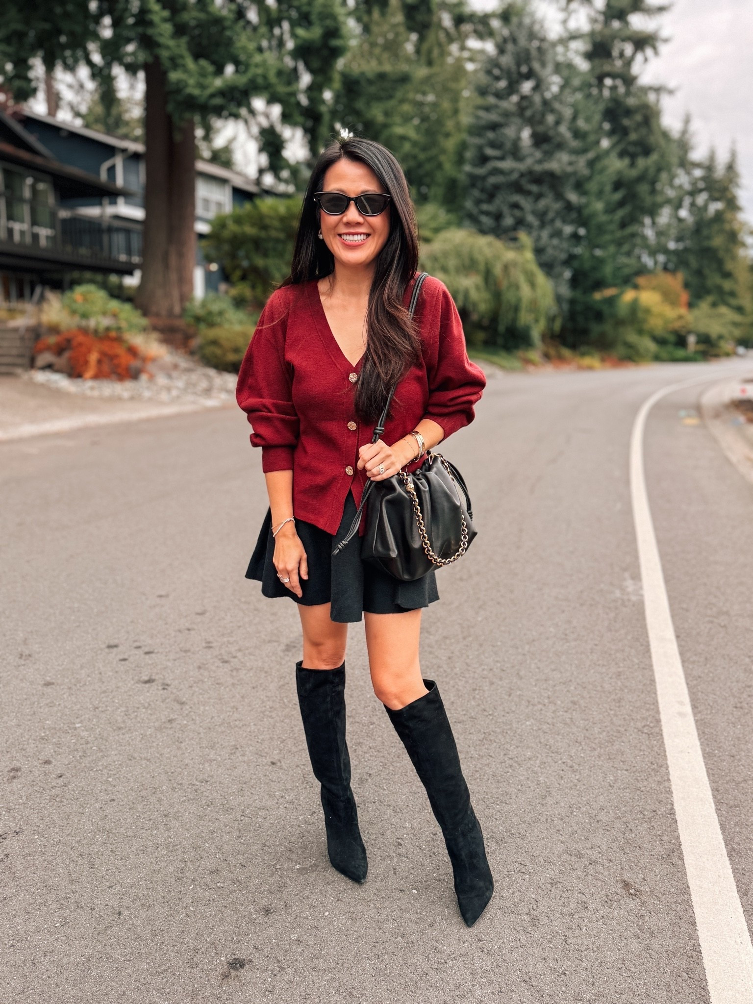 Cardigan and mini skirt