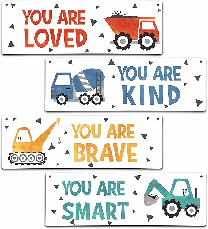 4 Pieces Construction Vehicles Decor Kids Room Wall Decor Wooden Sign - Motivational Wall Art For... | Amazon (US)