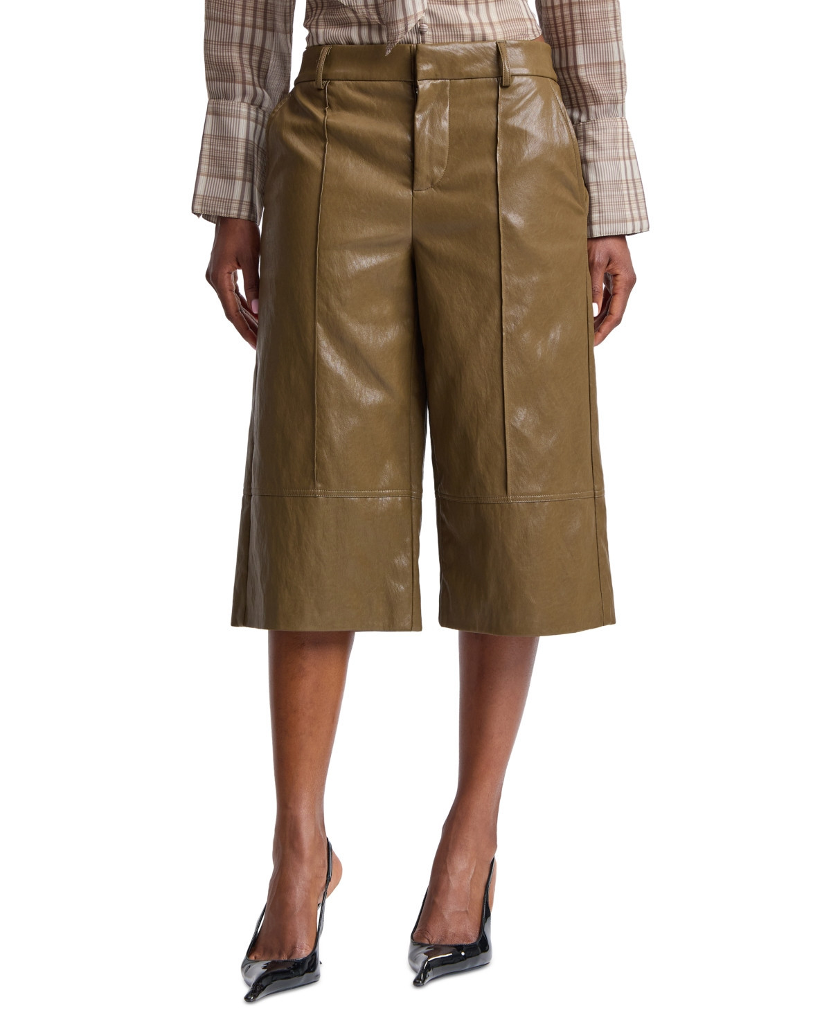 Avec Les Filles Women's Wide-Leg Low-Rise Faux Leather Shorts - Deep Moss | Macy's