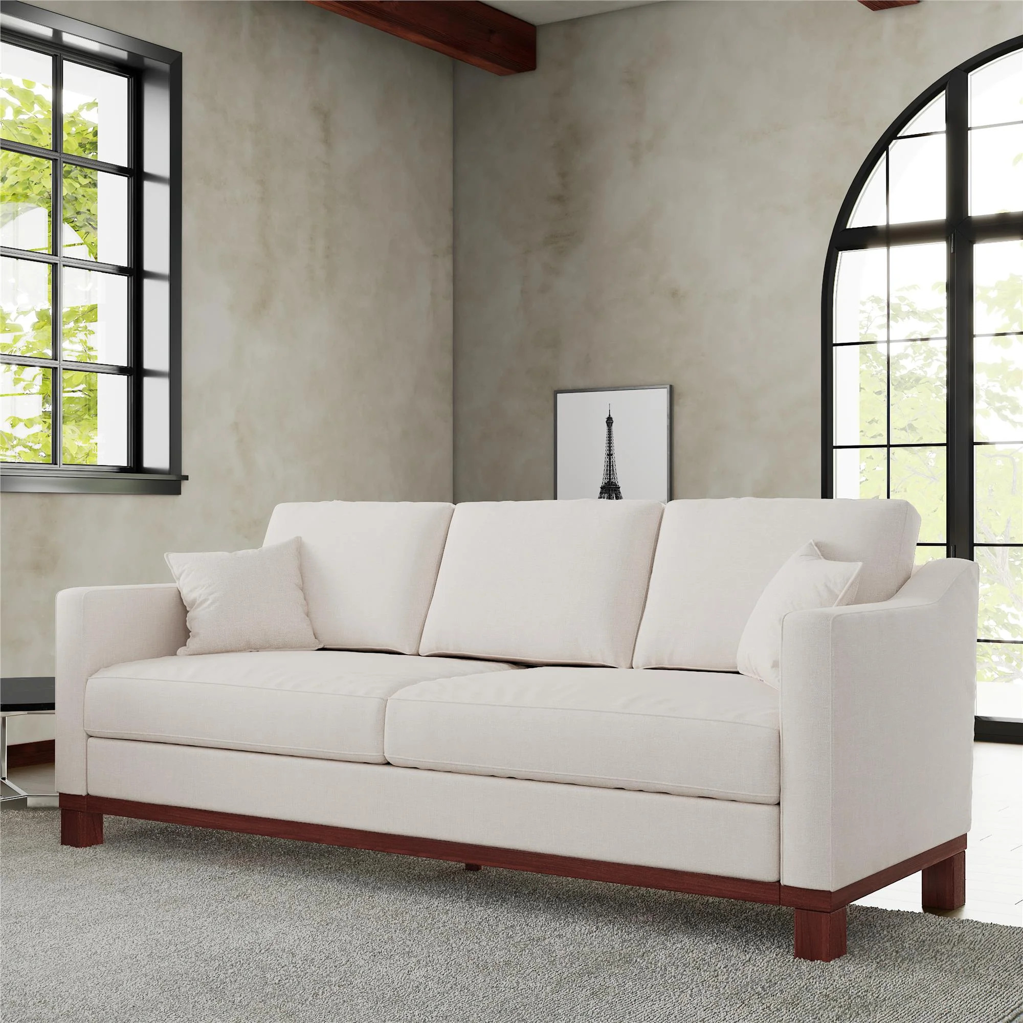 DHP Brooklyn Upholstered Wood Base Sofa with 2 Throw Cushions, Textured Beige | Walmart (US)
