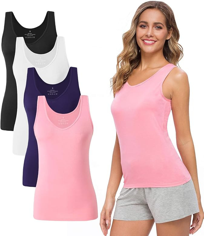 Womens 4 Pack Tank Tops V Neck Undershirt Lightweight Plain Sleeveless Shirts Stretch Basic Wide ... | Amazon (US)