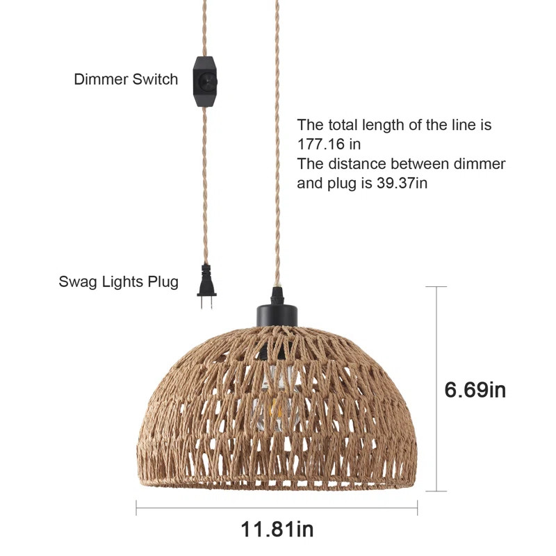 Derica 1 - Light 11.81in. Plug-In Woven Rattan Dome Pendant with Rope Accents Boho Style, 14.76 f... | Wayfair North America