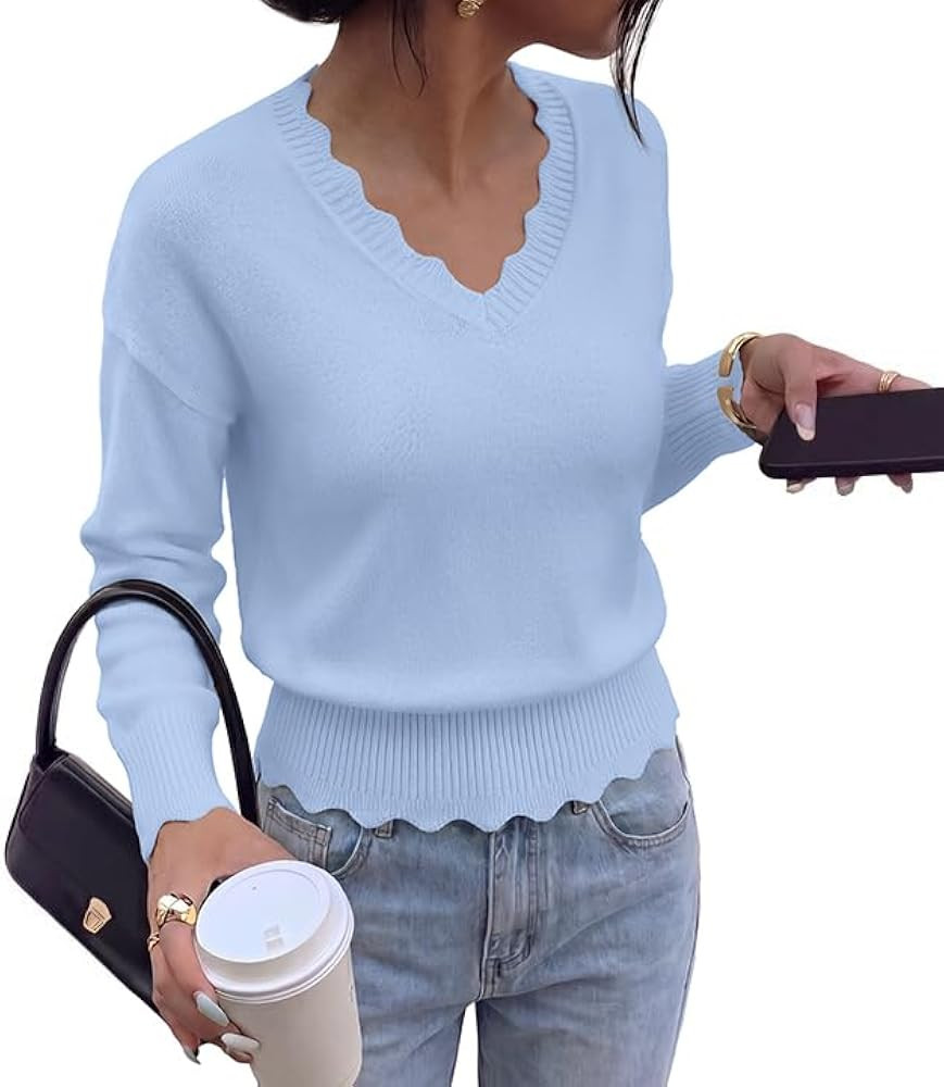 BTFBM Fall Long Sleeve Sweaters for Women     V Neck,Drop Shoulders,Scallop Edges,Lightweight Kni... | Amazon (US)