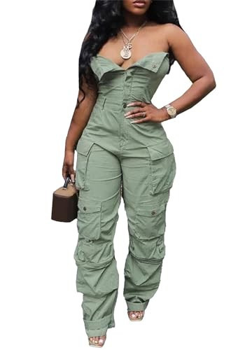 LKOUS Casual Cargo Denim Jumpsuit for Women, Elastic Stretch Multi Pockets Button Down Straight Leg Jeans Jumpsuits | Amazon (US)