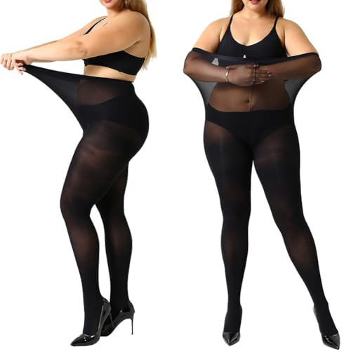 MANZI Women's Control Top Plus Size Tights for Women High Waist Opaque Pantyhose 2 Pairs Black XXXX-Large | Amazon (US)