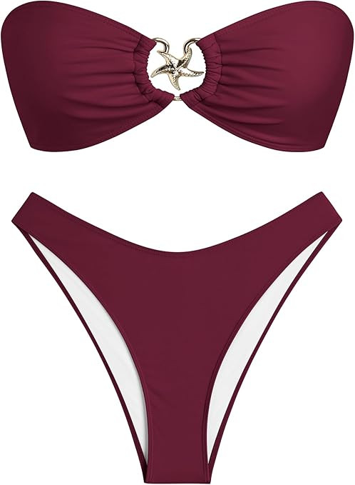 ZAFUL Womens Bandeau Bikini Set Metallic Sparkly O Ring Lace Up Tie Side High Cut Tanga Sexy Bath... | Amazon (US)