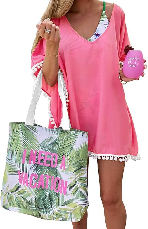 Adreamly Women's Pom Pom Trim Kaftan Chiffon Swimwear Beach Cover Up | Amazon (US)