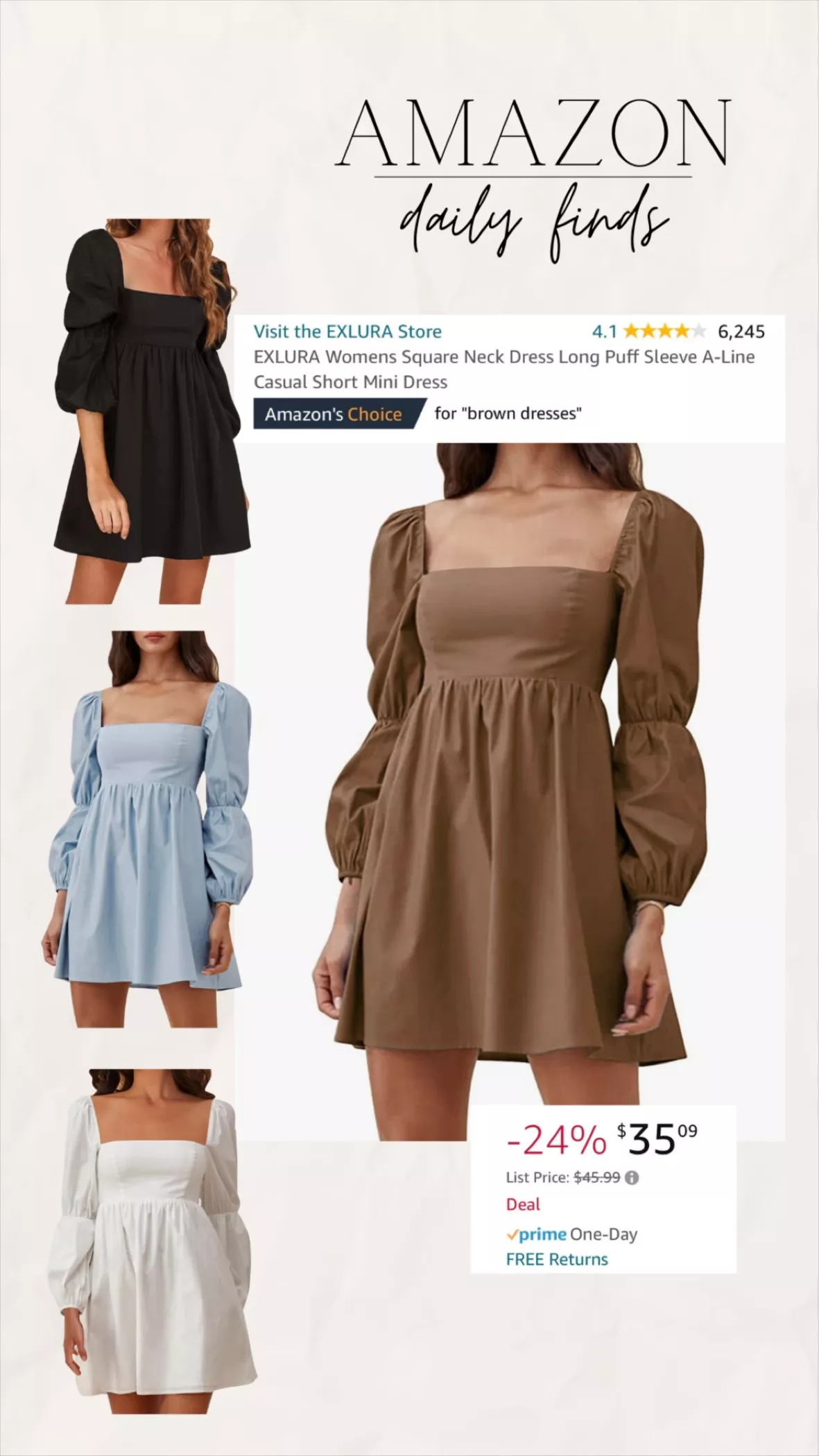 Square Neck Dress Long Puff Sleeve A-Line Casual Short Mini Dress