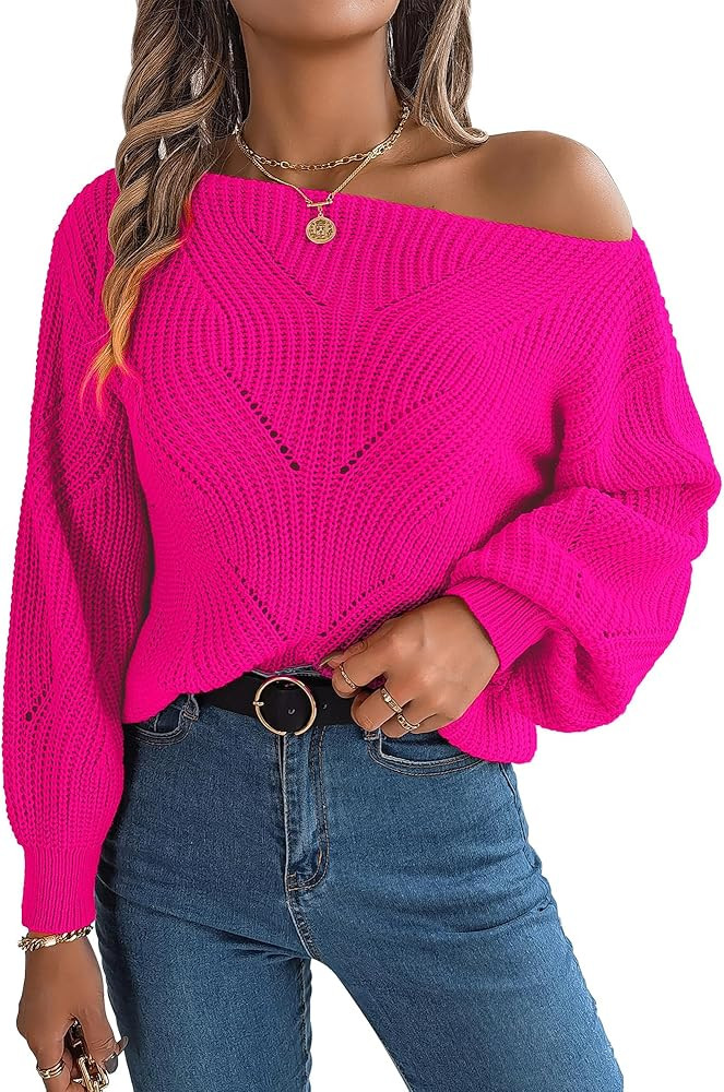 SEAUR Womens Casual Off Shoulder Sweater Loose Batwing Long Sleeve Pullover Sweater Crochet Hollo... | Amazon (US)