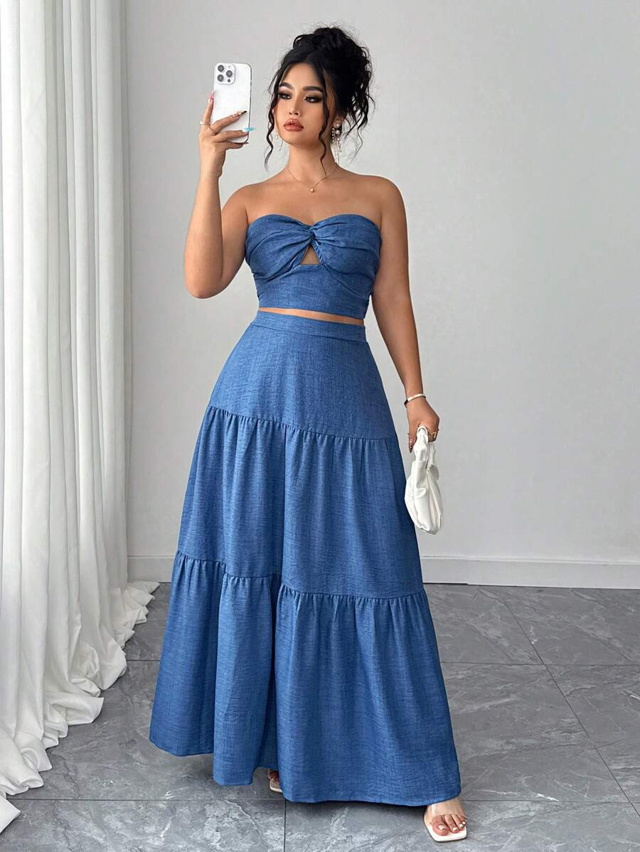 Plus Size 2pcs Sets Elegant Blue Twist Bandeau Top And Ruffled Maxi Skirt, Vacation Style, Summer | SHEIN