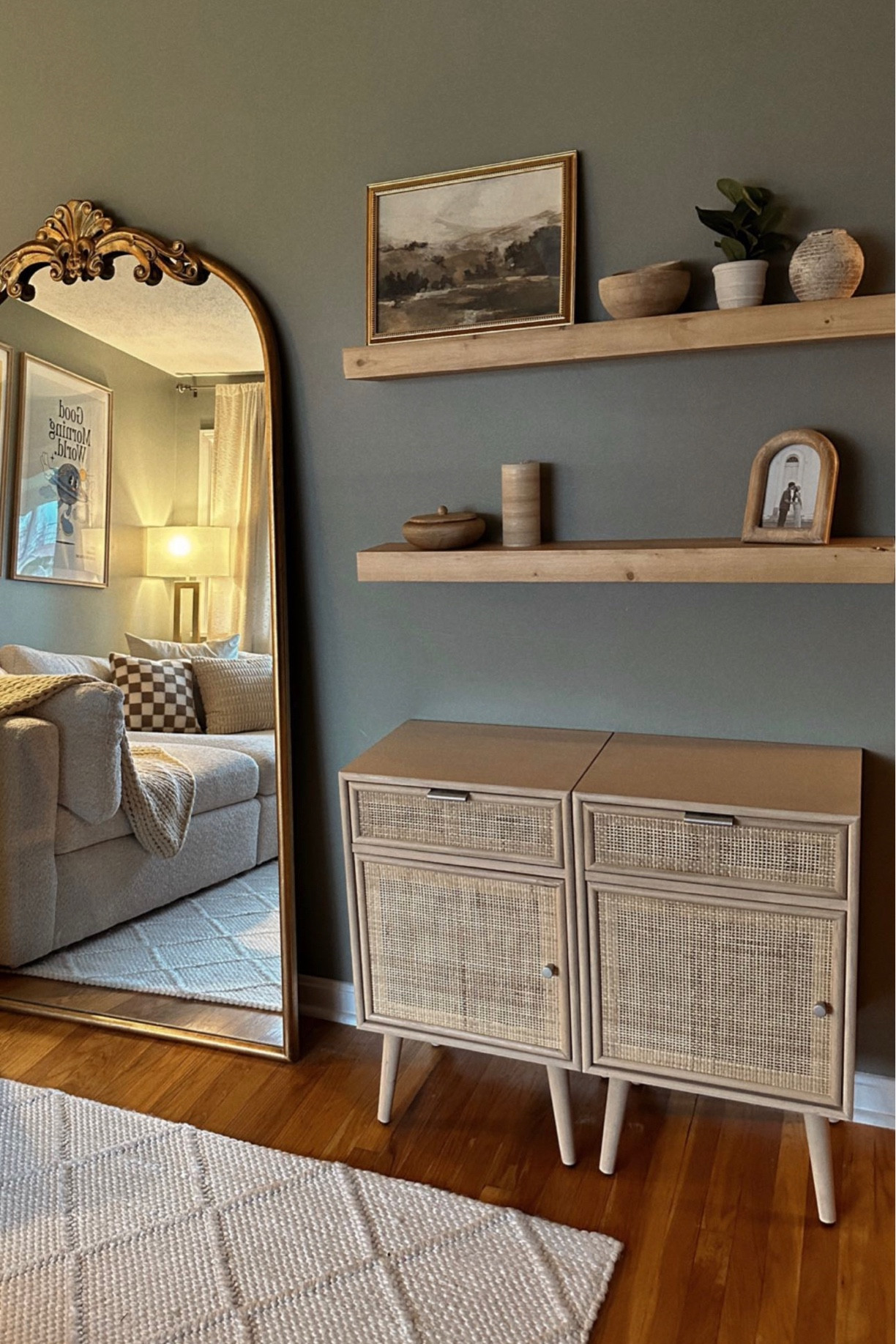 Decor on my shelves is all from hobby lobby! Tiny white faux plant is target :)