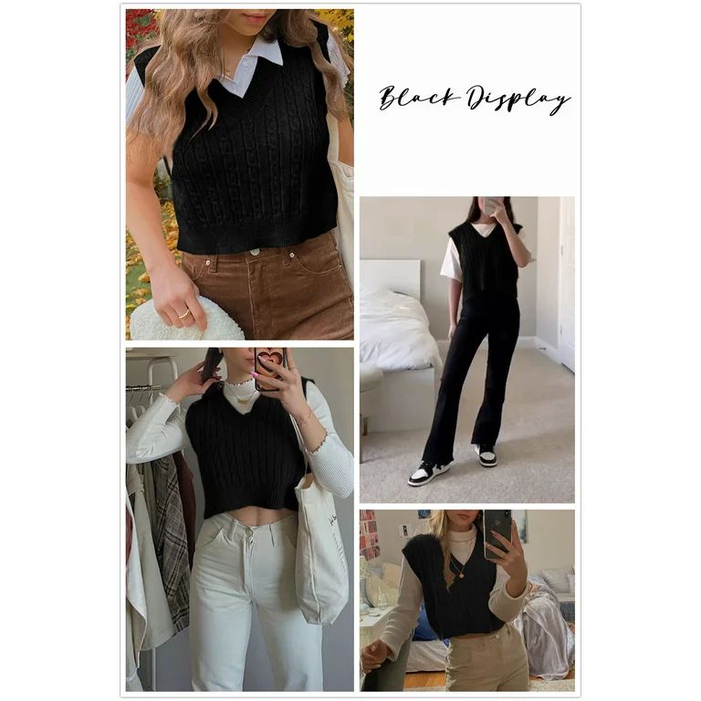 Ptaesos Women's V-Neck Knit Sweater Vest Solid Color Argyle Preppy Style Sleeveless Crop Knit Pul... | Walmart (US)