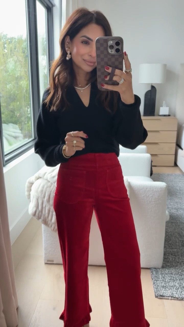 Easy black, red and gold holiday outfit idea from Anthropologie! 🖤✨ This color combo feels so chic and I’m obsessed with the shade of these Colette velvet pants. I have them in so many colors because they’re always so flattering. I’m wearing size XXS in the top and 24 in the pants!

#LTKPetite #LTKSeasonal #LTKHoliday