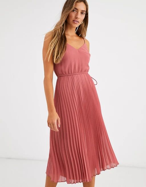 ASOS DESIGN pleated cami midi dress with drawstring waist in dark pink | ASOS (Global)