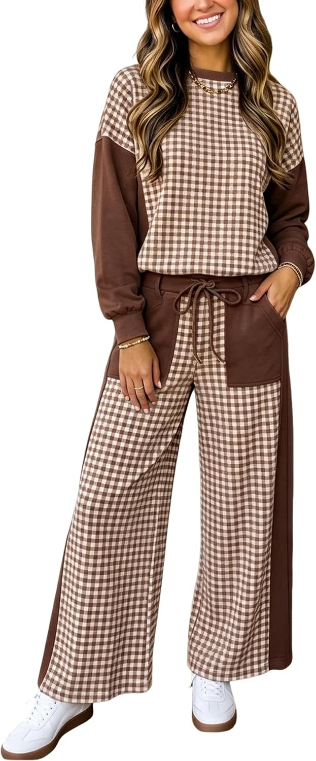 Yeokou Women’s Gingham Patchwork 2 Piece Sweatshirt Wide Leg Pants Sets | Amazon (US)
