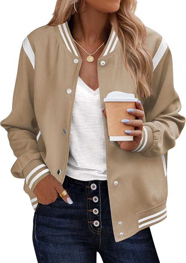 Zeagoo Bomber Jacket Women Varsity Casual Button Down Outfits with Pockets | Lightweight,2026 Fal... | Amazon (US)