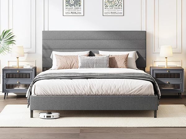 King Size Bed Frame, Modern Upholstered Bed Frame King with Adjustable Linen Headboard, Wooden Sl... | Amazon (US)