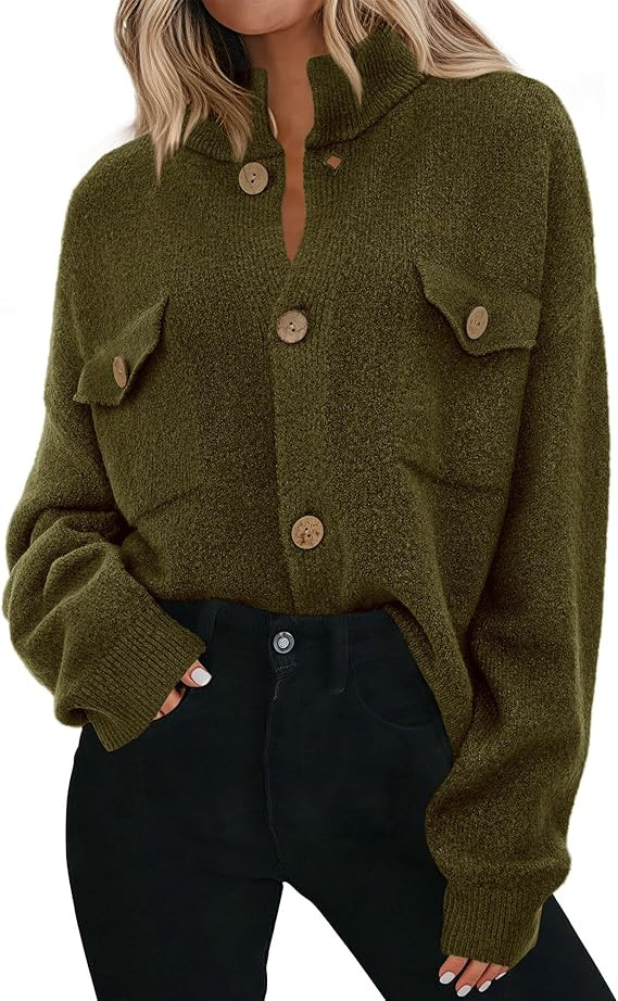 KIRUNDO Cardigans for Women Trendy Button Up Sweater Jackets Mock Neck Long Sleeve Loose Fit Chun... | Amazon (US)
