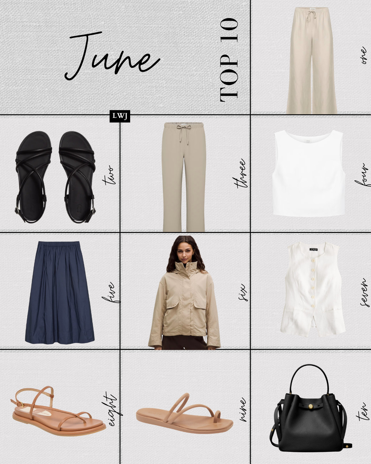 this month's top 10: 

(aritzia pieces are up to 50% off until july 5th)

1. aritzia lodge linen pants -- elevated linen pants that wrinkle less 
2. fitflop sandals -- a recommended travel sandal with cushioning + support
3. aritzia lodge pants -- viral pants that are wrinkle-free & wash so well 
4. aritzia cavalier top -- beautiful quality + fit 
5. aritzia luminary skirt 
6. lululemon always effortless jacket -- water & wind-resistant, comes with a stowable hood 
7. j.crew linen vest -- one of the best fitting vests i've tried 
8. dolce vita dom sandals -- casual strappy sandal with cushioning 
9. crocs miami toe loop sandals -- another great casual sandal with cushioning, can walk all day in these without feeling tired
10. tory burch bucket tote -- buttery soft leather, can also be worn as a crossbody 

 #LTKSeasonal