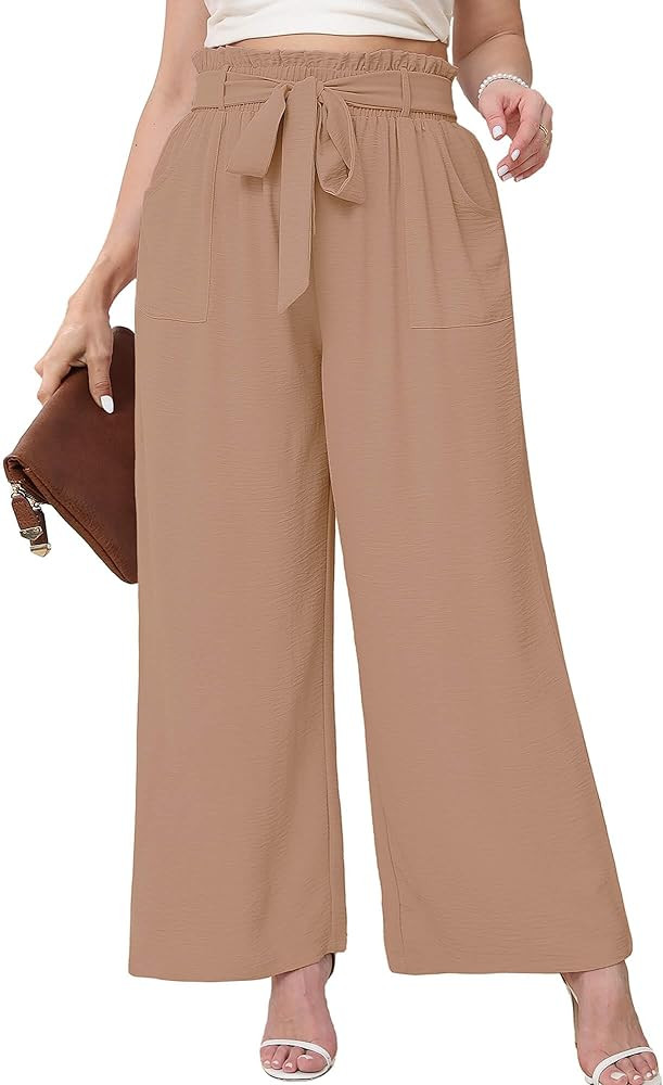 Women's Plus Size Wide Leg Lounge Pants with Pockets High Waisted Palazzo Adjustable Tie Knot Flo... | Amazon (US)