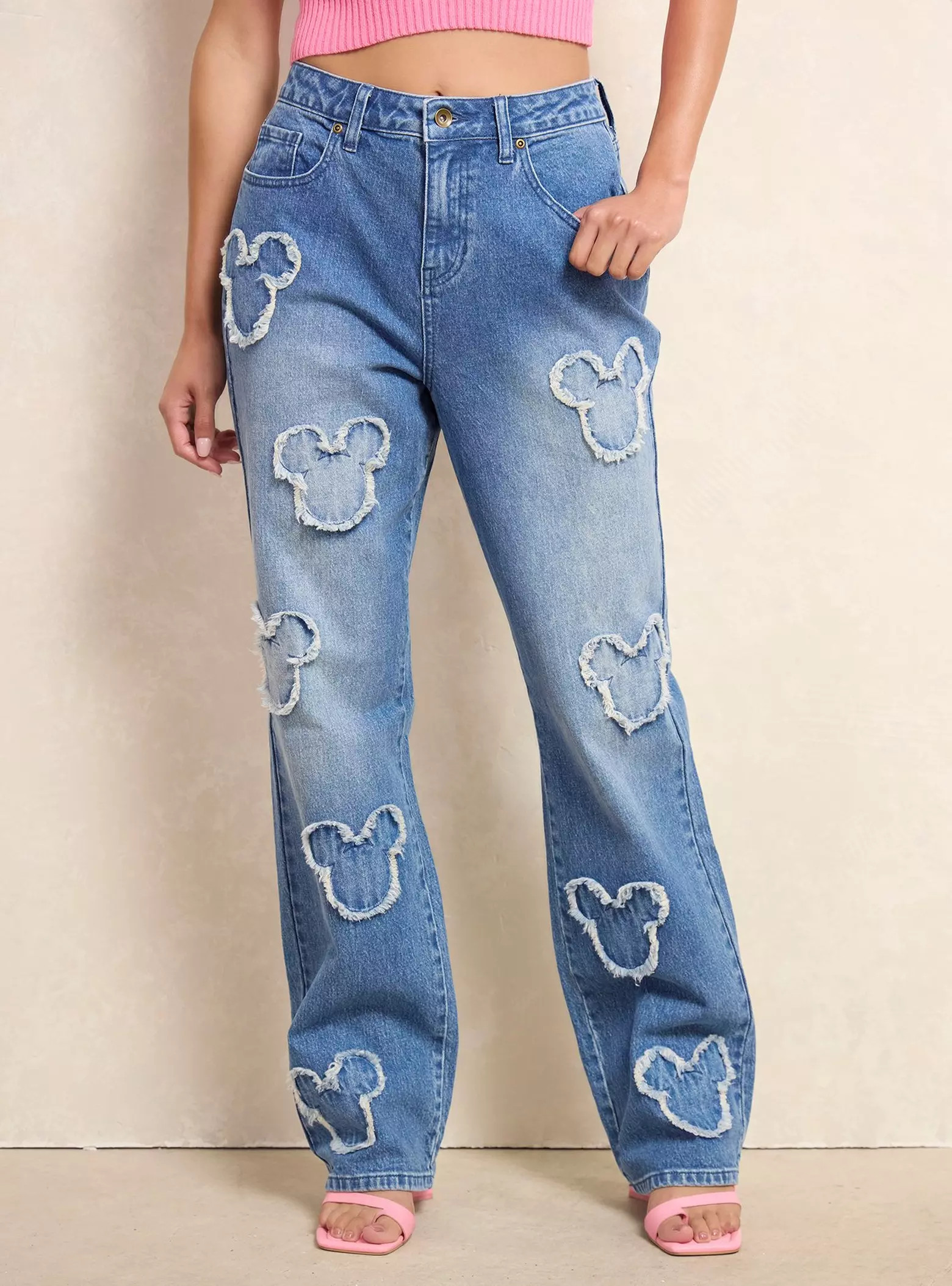 Disney Mickey Mouse Silhouette Denim Patch Women's High Waist Straight Jeans - BoxLunch Exclusive... | BoxLunch