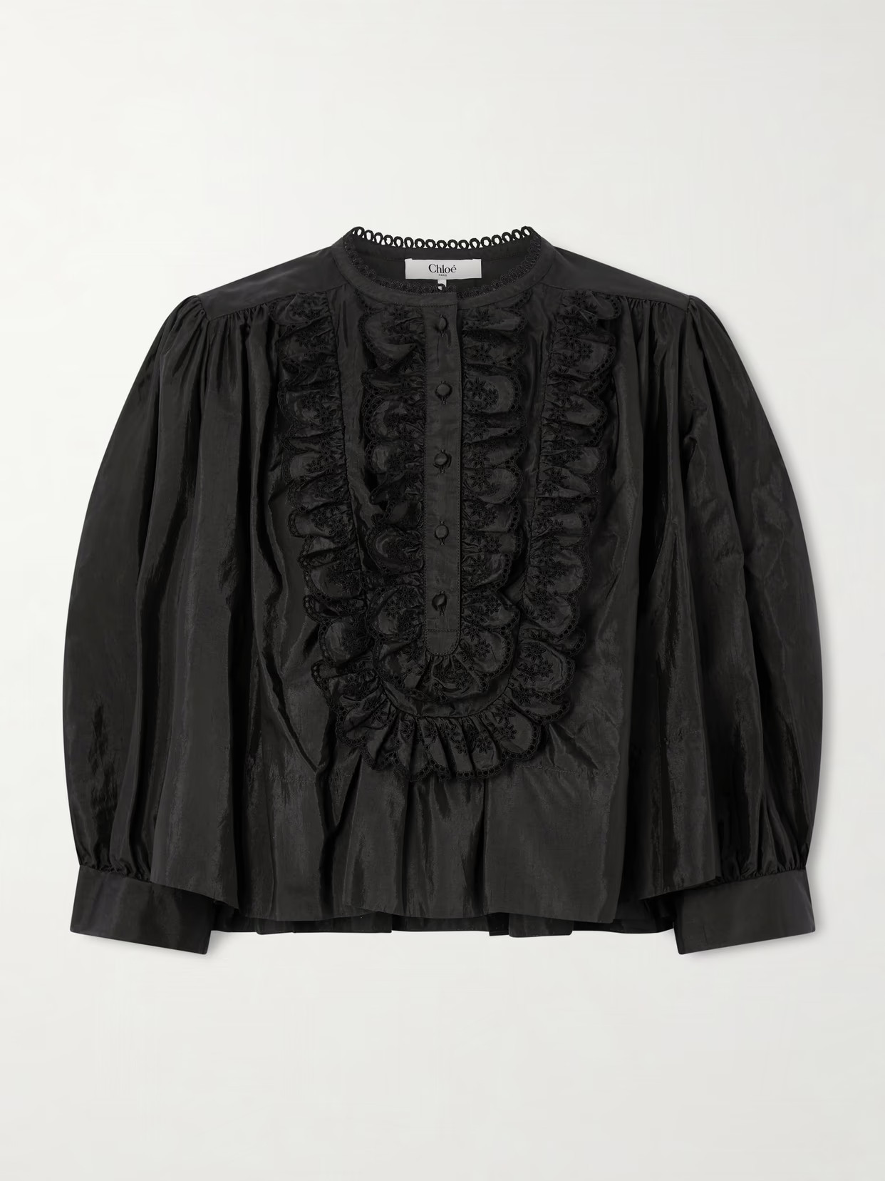 Chloé - Ruffled Broderie Anglaise-trimmed Taffeta Blouse - Black | NET-A-PORTER (US)