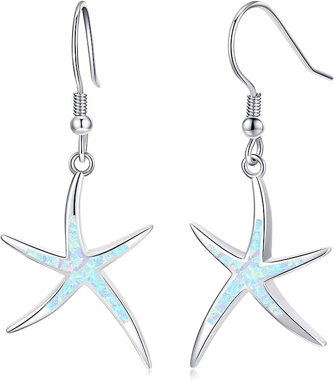 Starfish Earrings, 925 Sterling Silver with Opal Fish Hoops Earings, Nautical Hawaiian Sea Beach ... | Amazon (US)