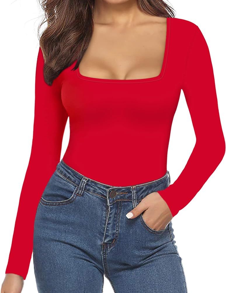 MANGOPOP Square Neck Bodysuit Long Sleeve for Women Short Sleeve Body Suit Going Out Tops Shirts | Amazon (US)