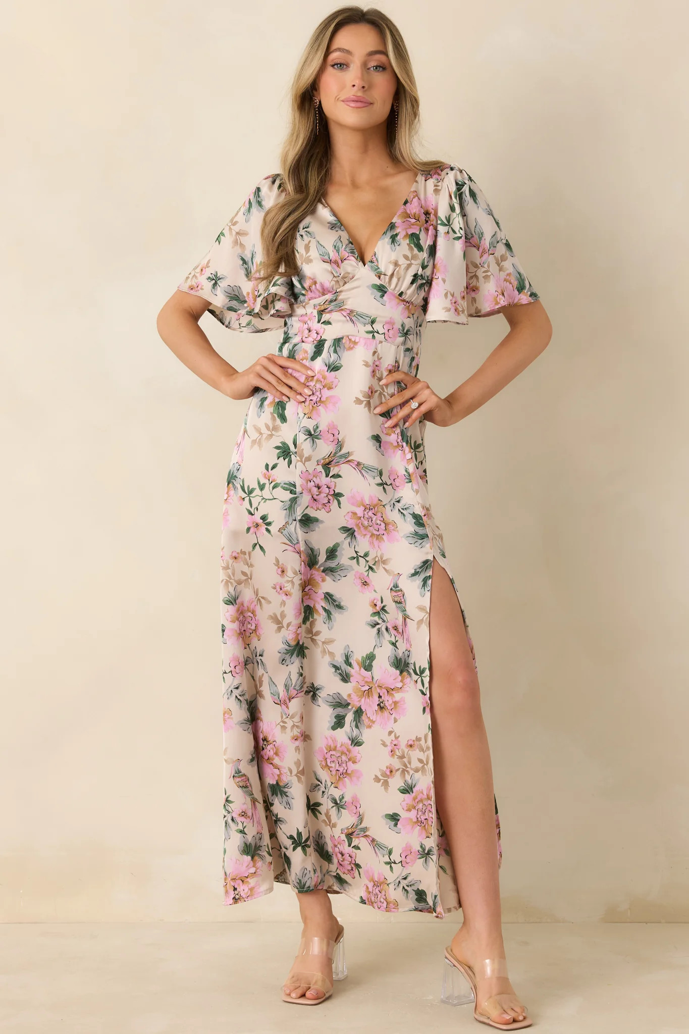 Rosewood Romance Ivory Multi Floral Flutter Sleeve Maxi Dress | Red Dress