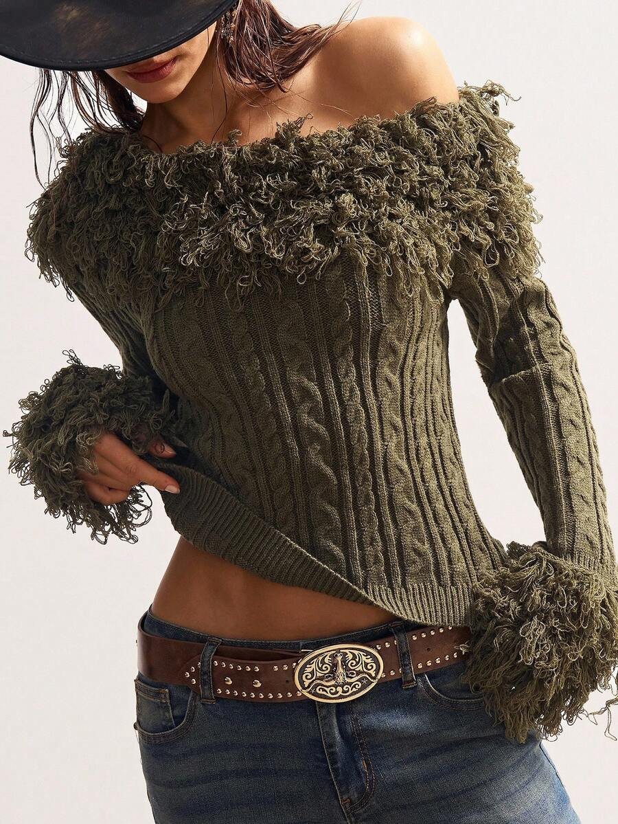 Bohemela Women's Solid Color Patchwork Fuzzy Off Shoulder Long Sleeve Cable Pattern Fashionable Sweater In Fall/Winter | SHEIN