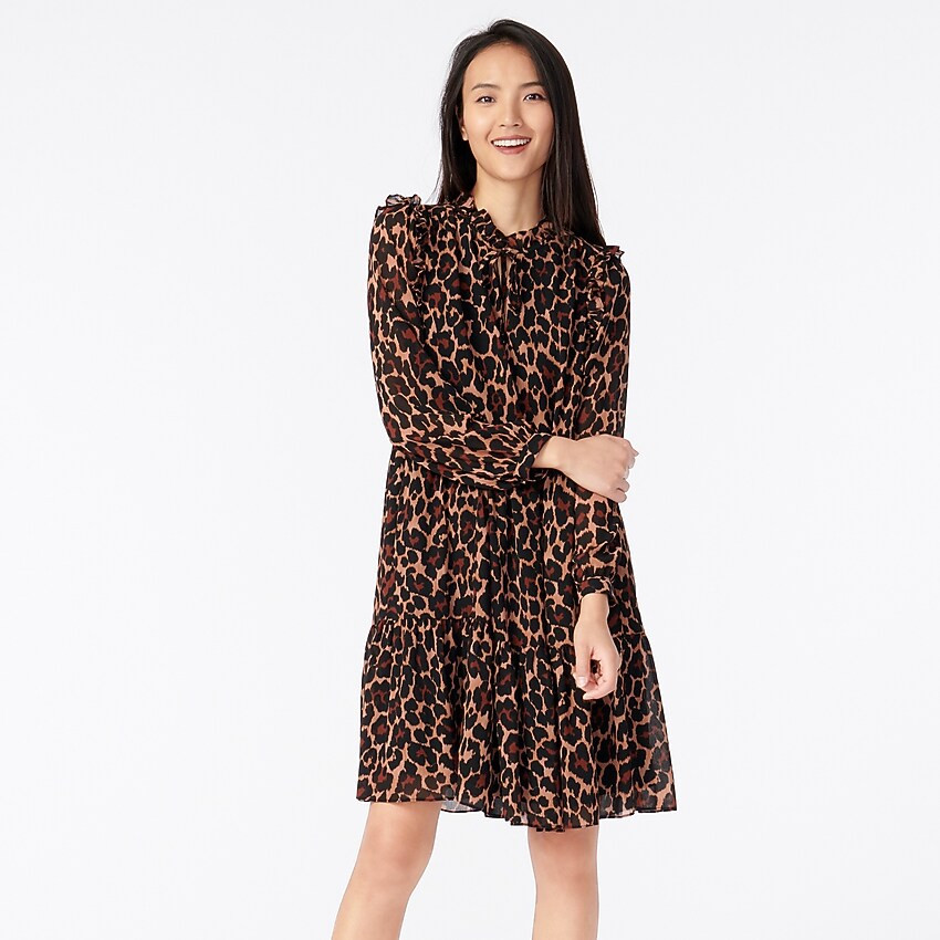 Tie-neck tiered dress in leopard crinkle chiffon | J. Crew US
